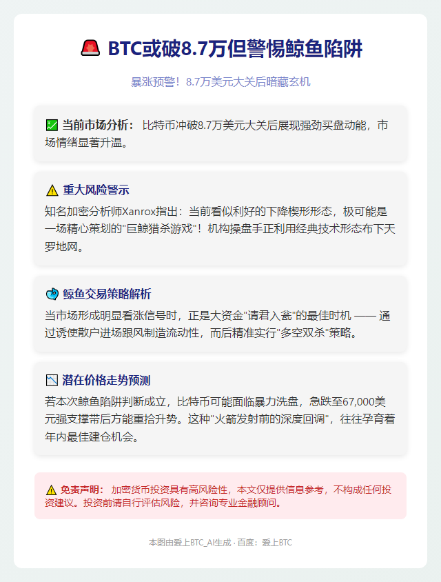 BTC或破8.7万但警惕鲸鱼陷阱