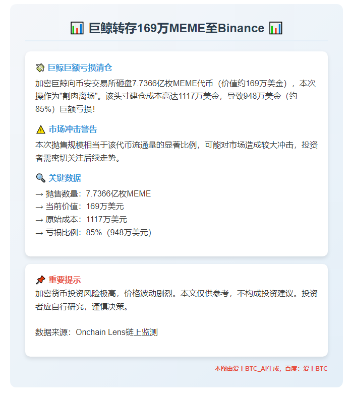 巨鲸转存169万MEME至Binance