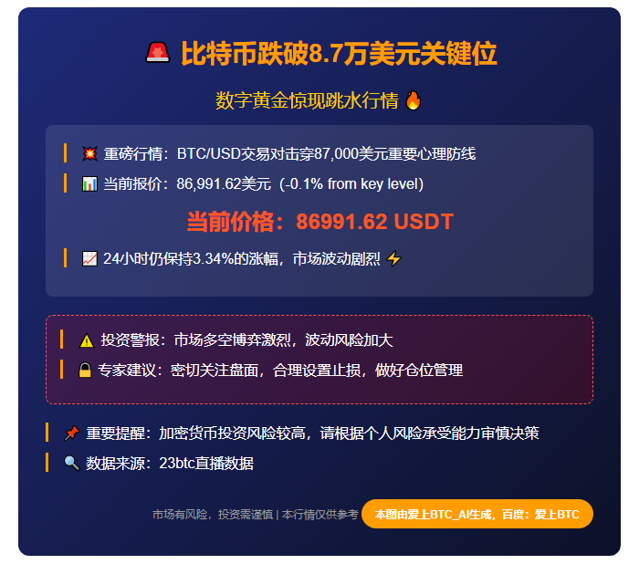 比特币跌破8.7万美元