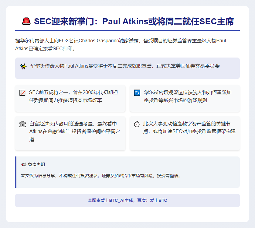 Paul Atkins或将周二就任SEC主席