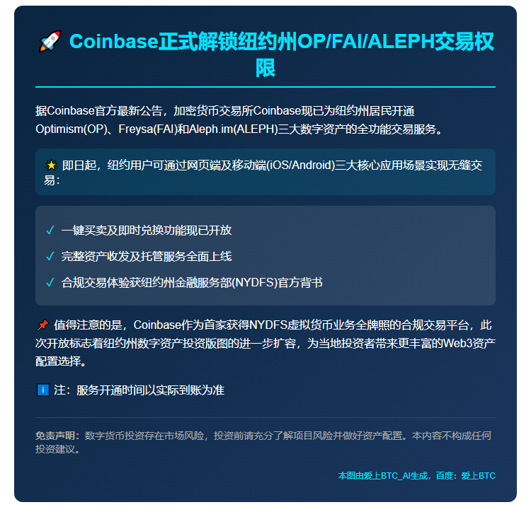 Coinbase在纽约开放OP、FAI、ALEPH交易