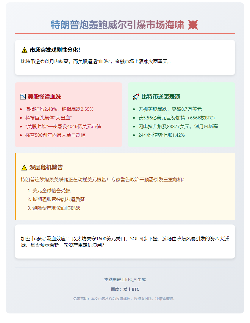 "特朗普批鲍威尔引发美股跌，比特币涨"