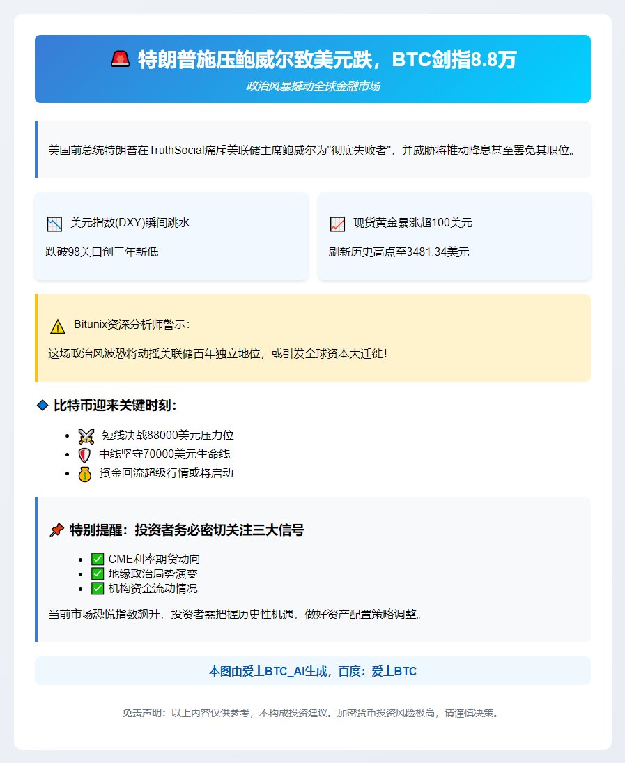 特朗普施压鲍威尔致美元跌，BTC剑指8.8万