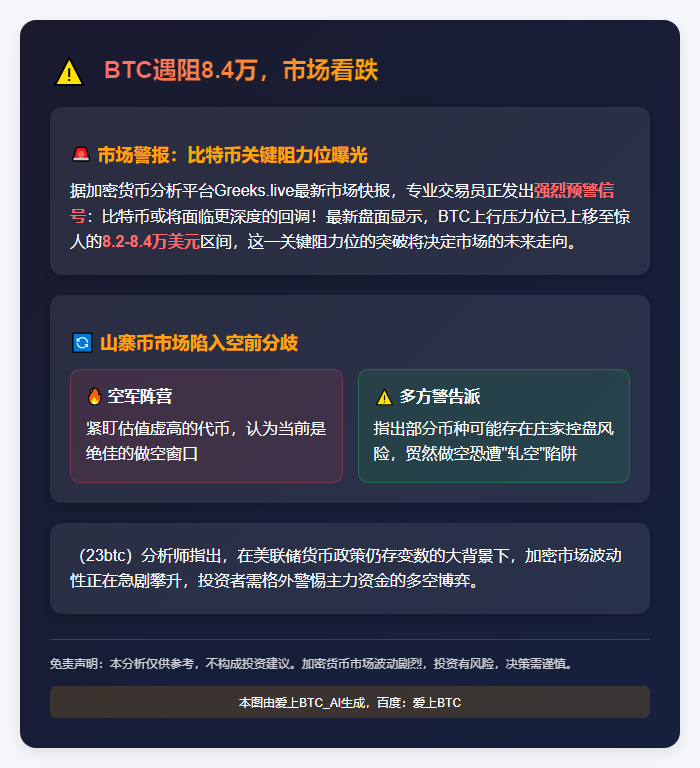 BTC遇阻8.4万，市场看跌