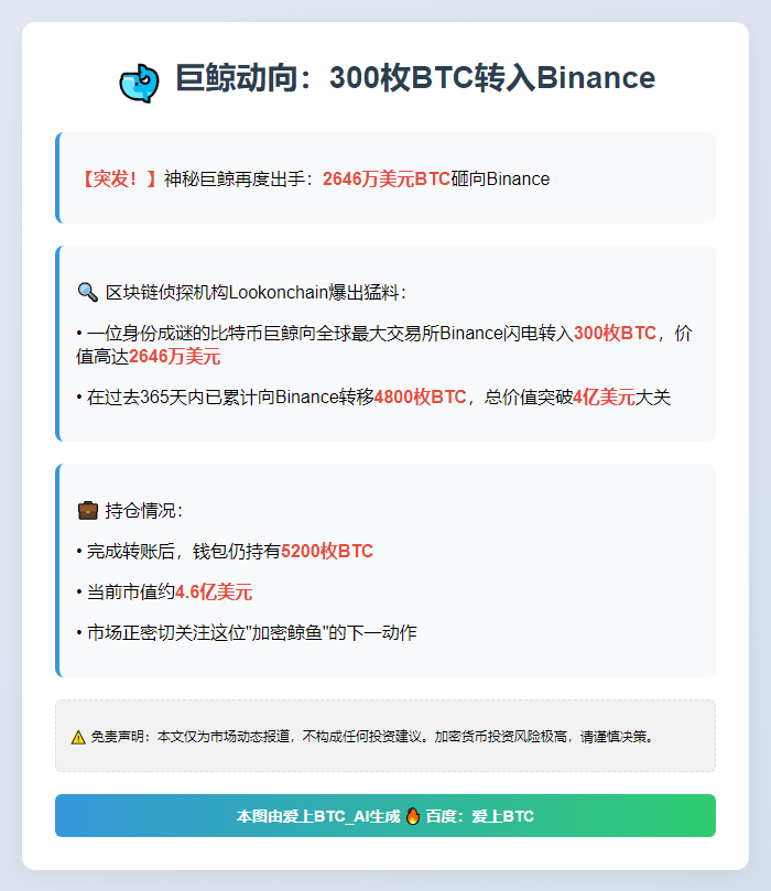 巨鲸向Binance存入300枚BTC