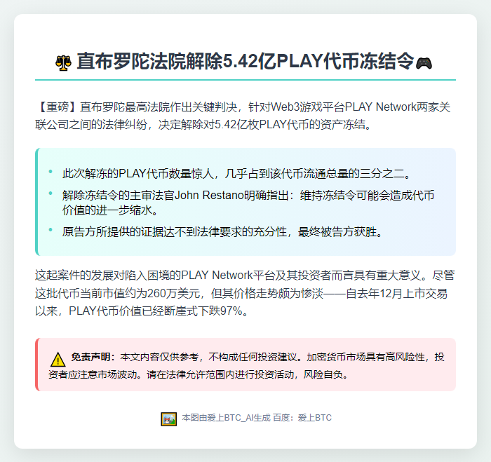 直布罗陀法院解冻5.42亿枚PLAY代币