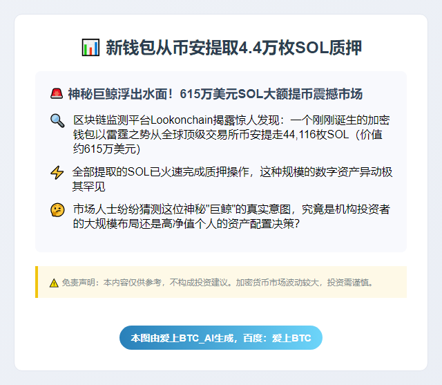 新钱包从币安提取4.4万枚SOL质押