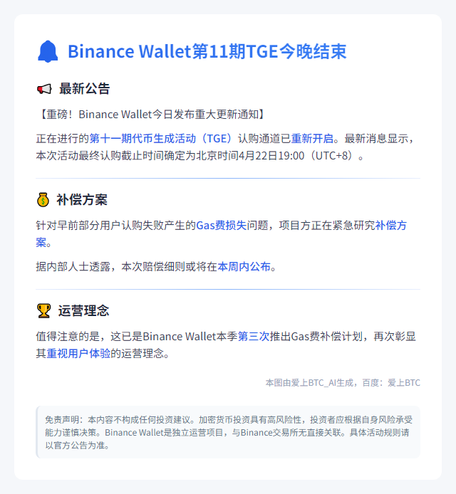 Binance Wallet第11期TGE今晚结束，补偿gas费