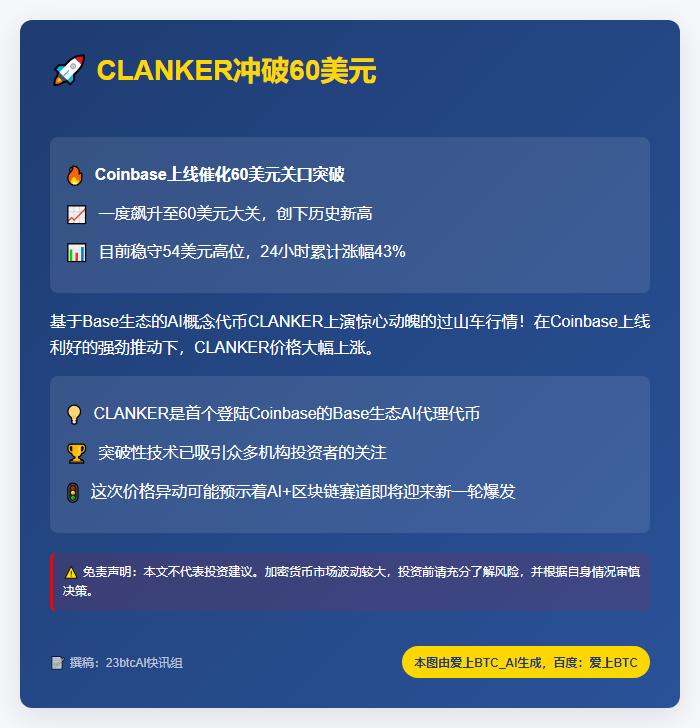 CLANKER冲破60美元