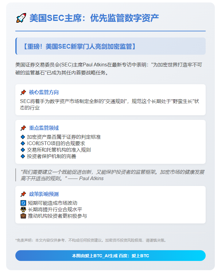 美国SEC主席：优先监管数字资产