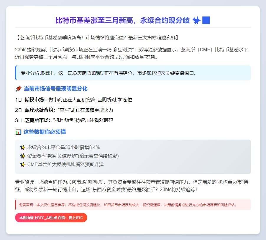 比特币基差涨至三月新高，永续合约现分歧