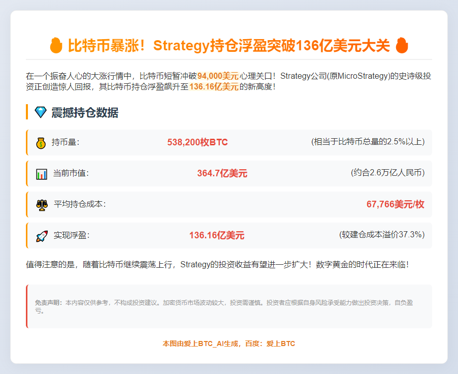 比特币持仓盈利破136亿
