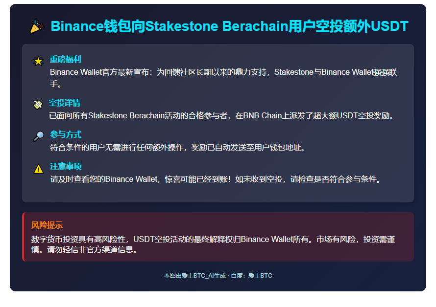 Binance钱包向Stakestone Berachain用户空投额外USDT