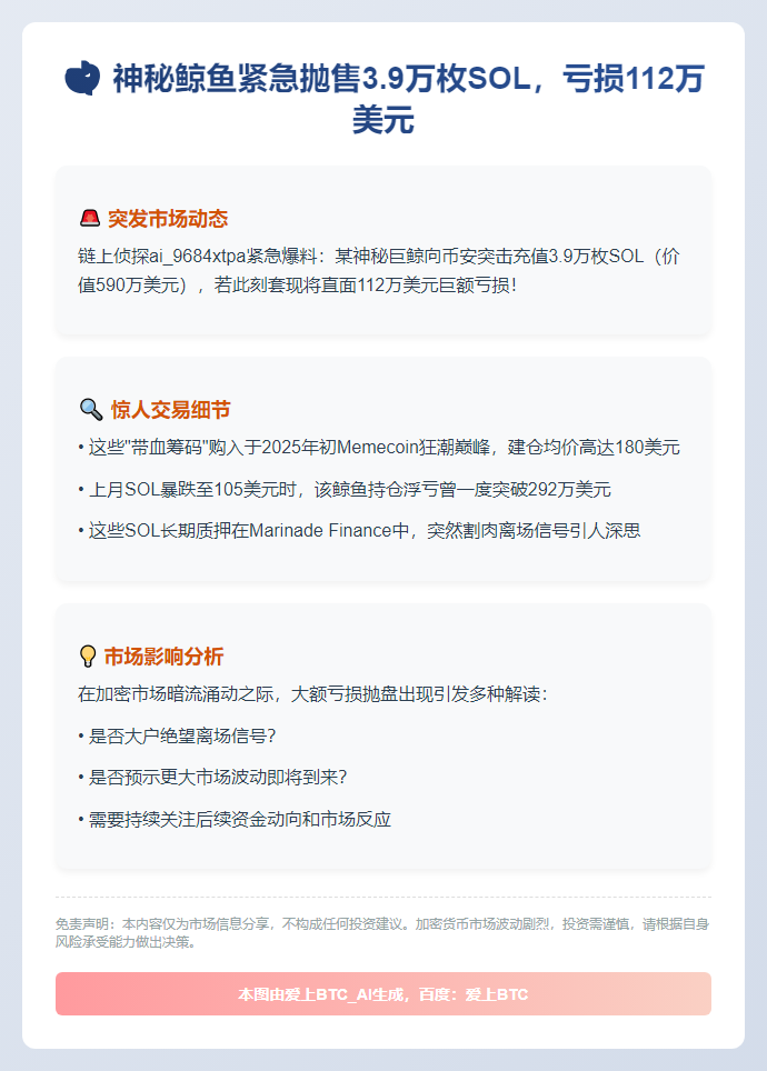 "鲸鱼抛售3.9万枚SOL亏112万"
