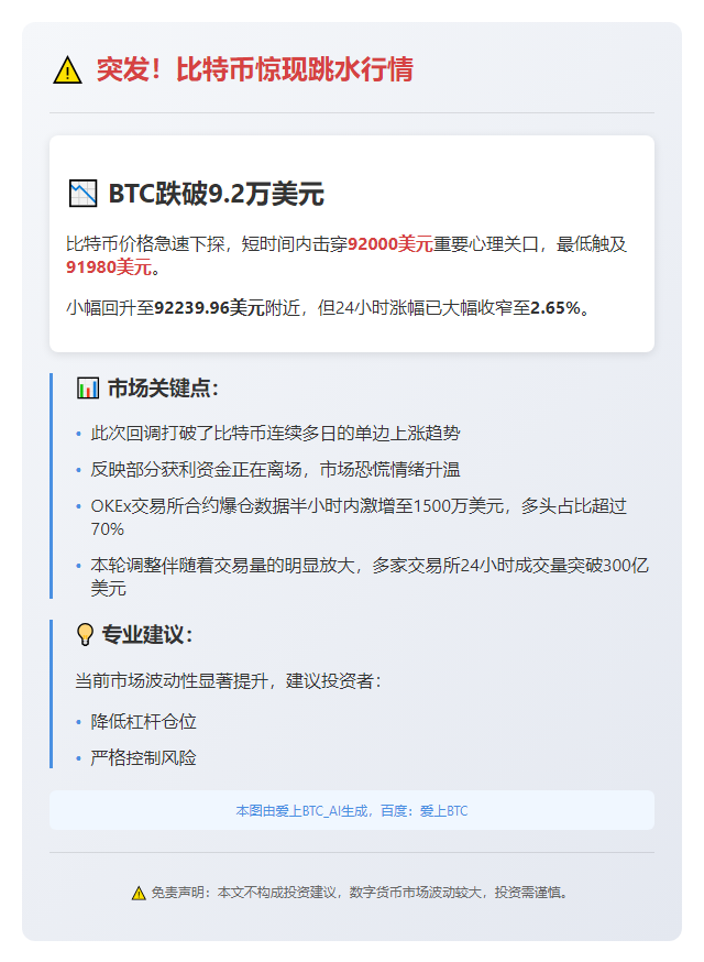 BTC跌破9.2万美元