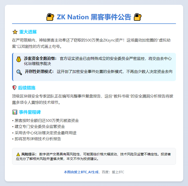 ZK Nation：黑客按时归还500万美元被盗资金