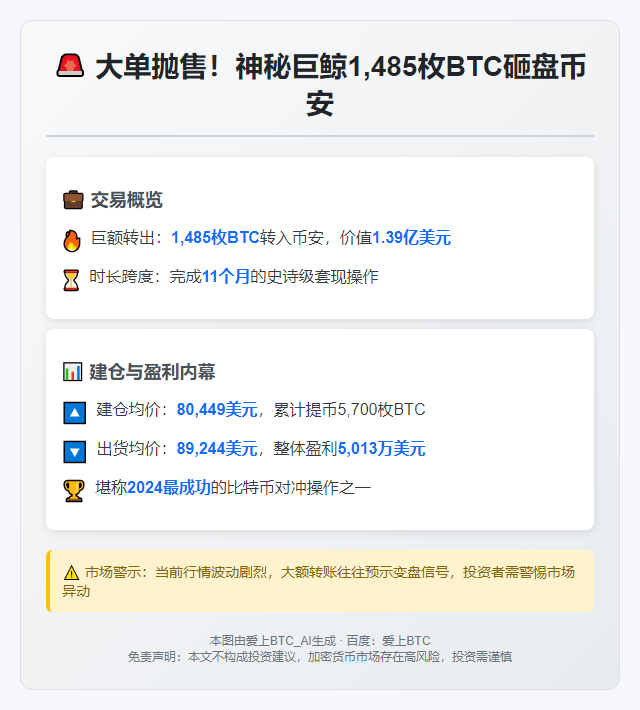 鲸鱼转出1485枚BTC至币安，价值1.39亿美元