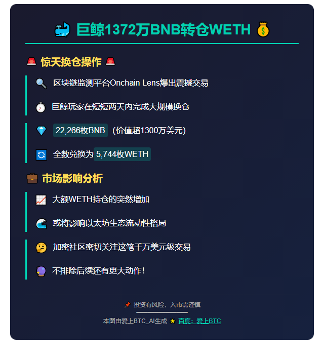 巨鲸1372万BNB转仓WETH