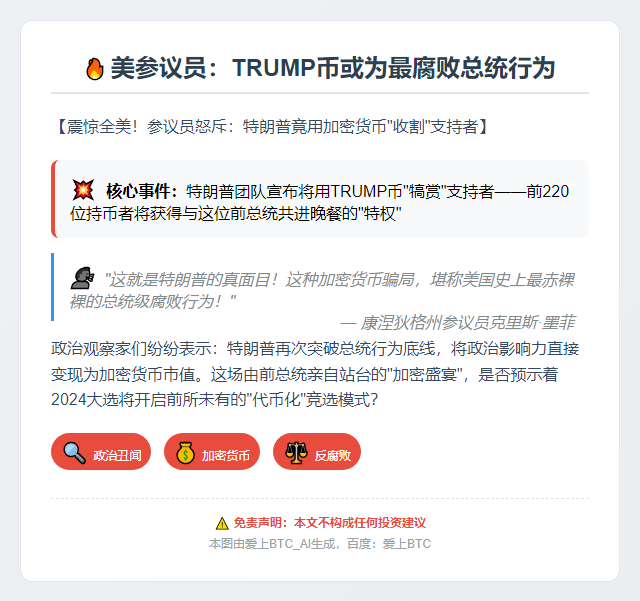 "美参议员：TRUMP币或为最腐败总统行为"