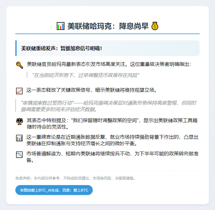 美联储哈玛克：降息尚早