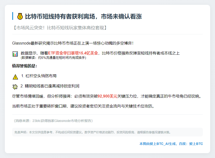 比特币短线持有者获利离场，市场未确认看涨