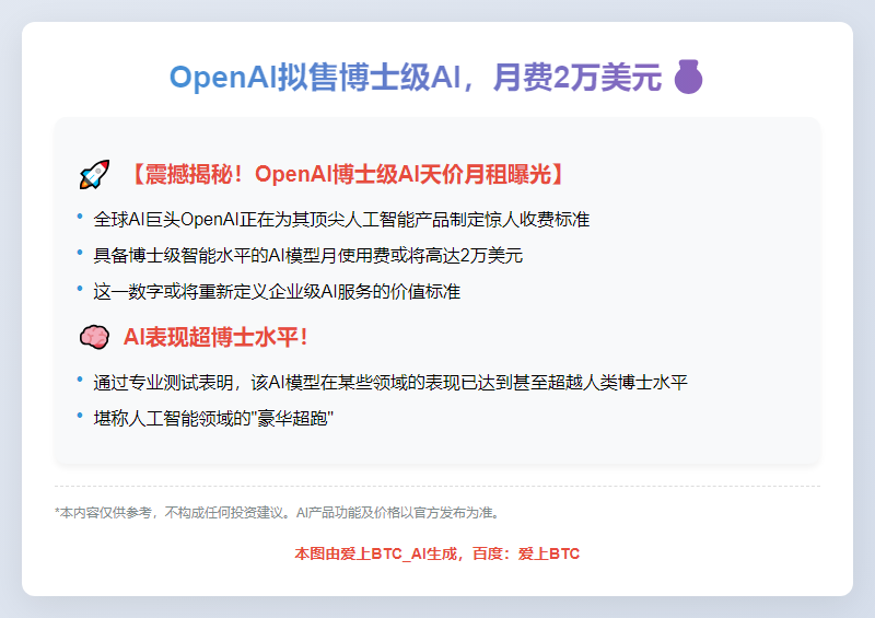 OpenAI拟售博士级AI，月费2万美元
