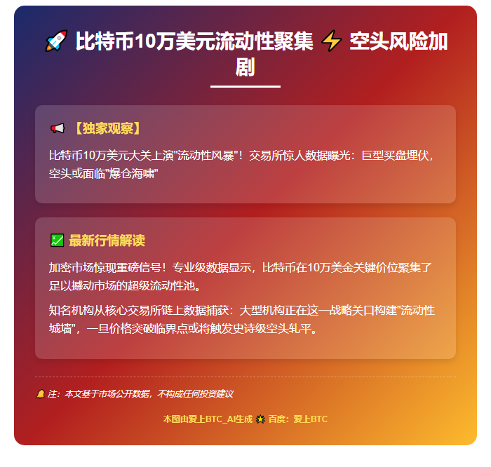 比特币10万美元流动性聚集，空头风险加剧