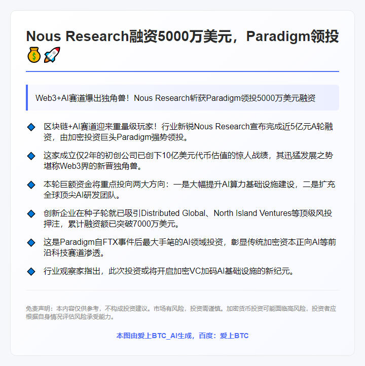 Nous Research融资5000万美元，Paradigm领投
