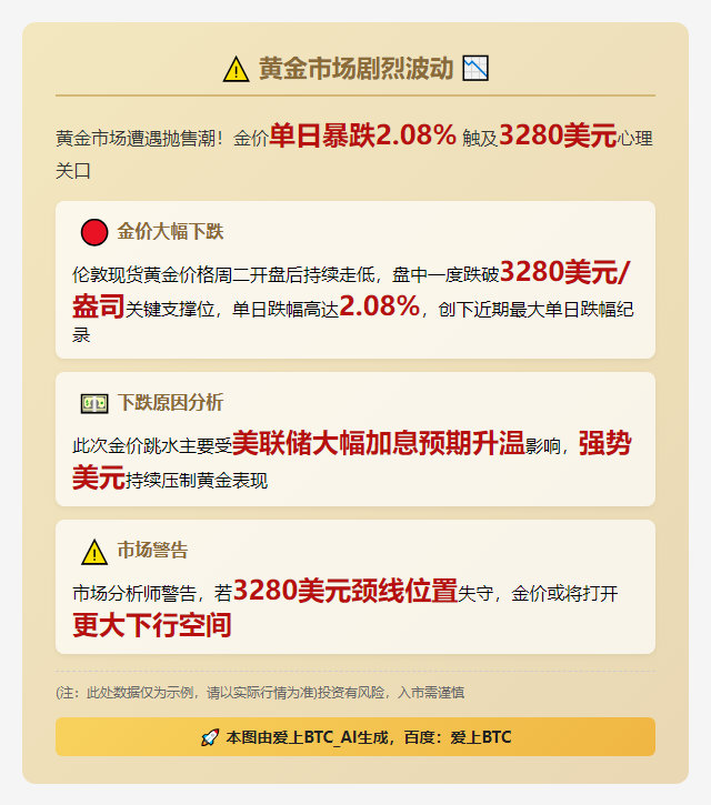 金价跌破3280美元 跌幅2.08%
