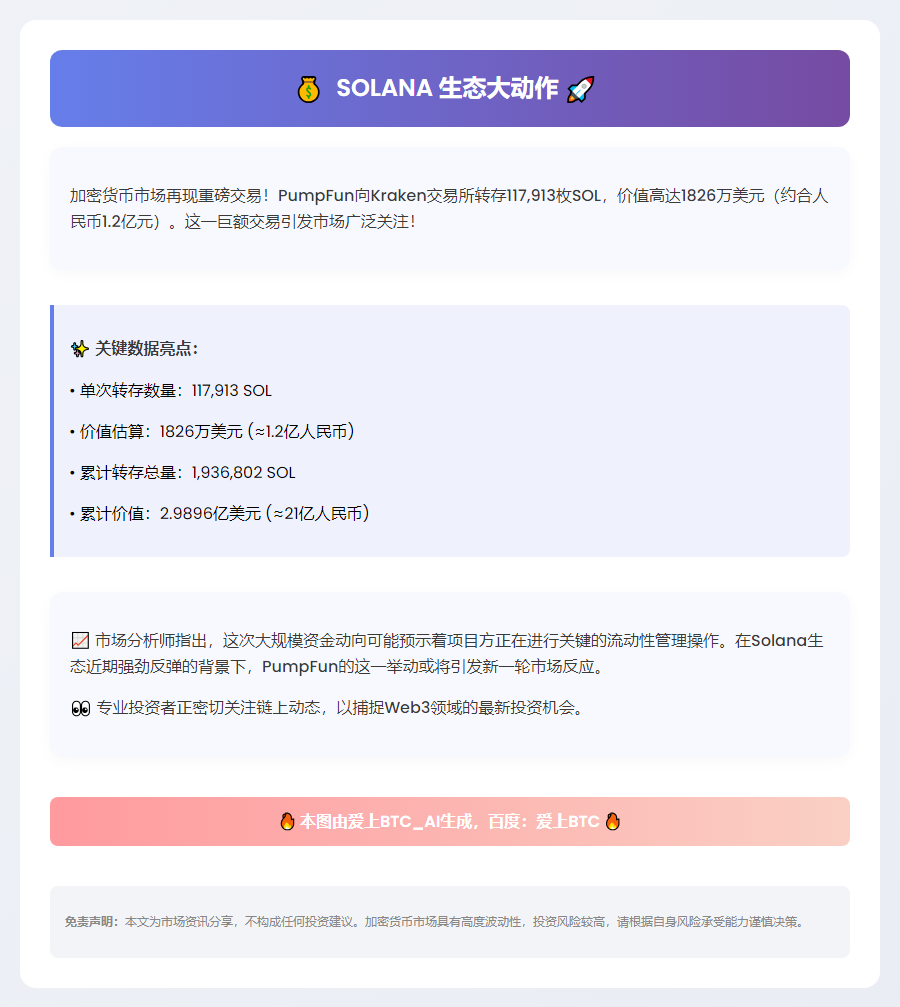 PumpFun向Kraken转存11.8万枚SOL
