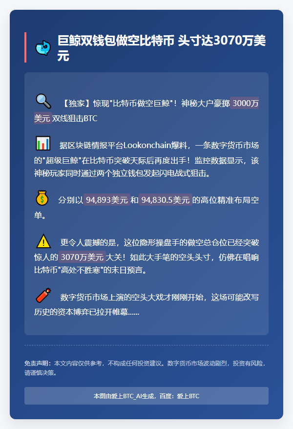 巨鲸双钱包做空比特币 头寸达3070万美元