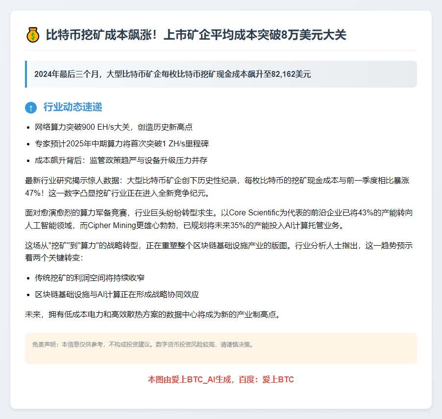 比特币挖矿成本：2024年Q4矿企平均现金成本$82,162