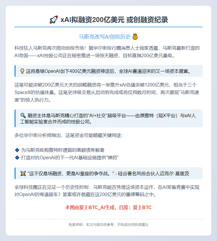 xAI拟融资200亿美元 或创融资纪录
