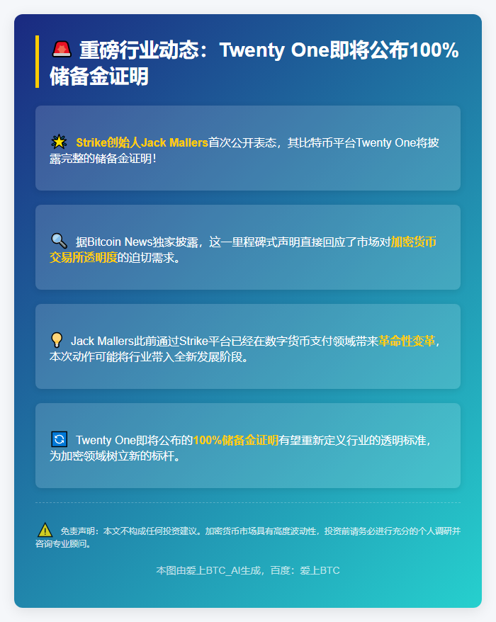 Strike创始人：Twenty One即将公布储备金证明