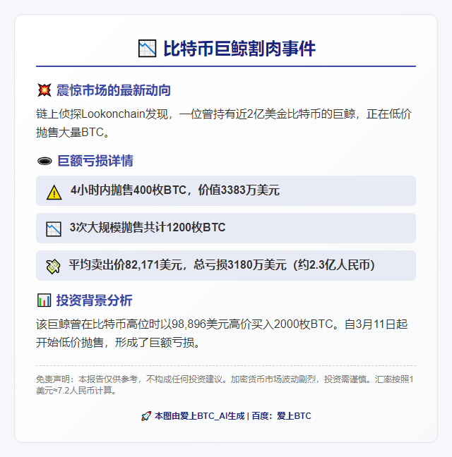 巨鲸4小时抛400枚BTC，亏3180万