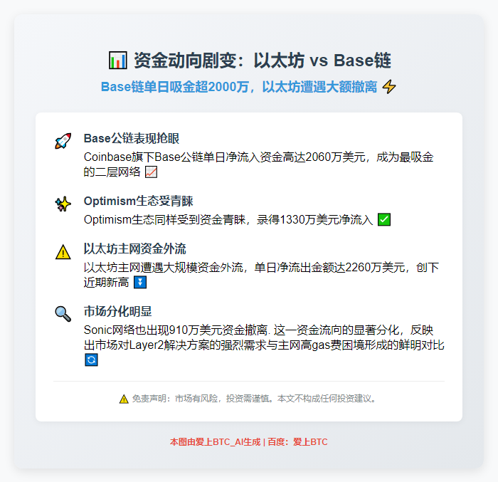 以太坊净流出2260万，Base净流入2060万