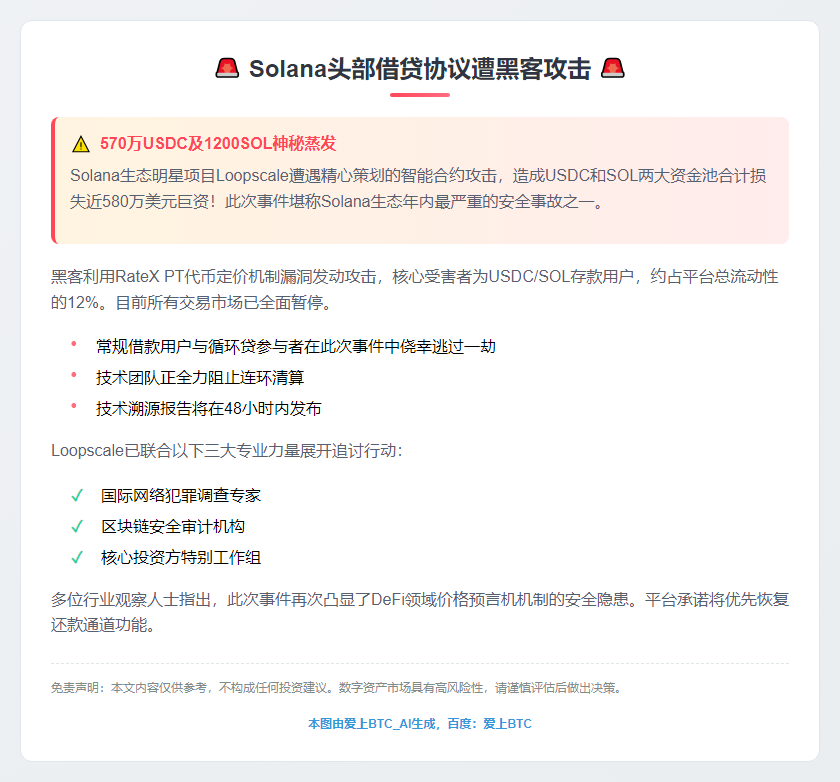 借贷协议Loopscale被黑，损失570万USDC及1200SOL