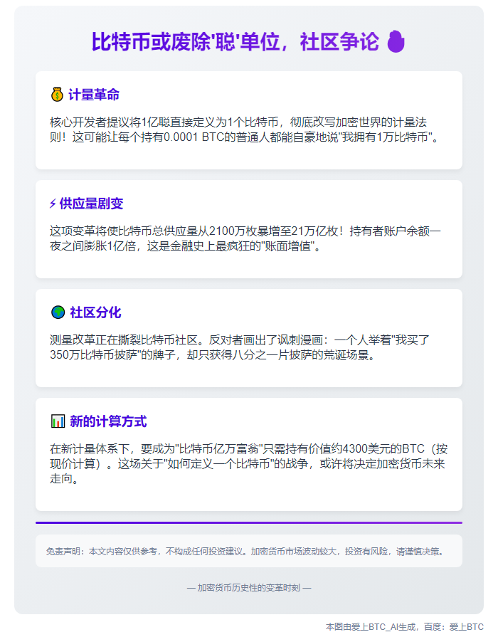 "比特币或废除'聪'单位，社区争论"