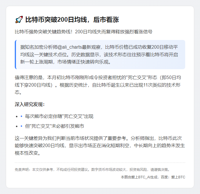 比特币突破200日均线，后市看涨