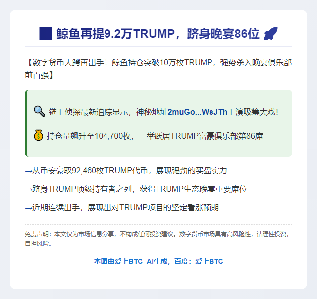 鲸鱼再提9.2万TRUMP，跻身晚宴86位