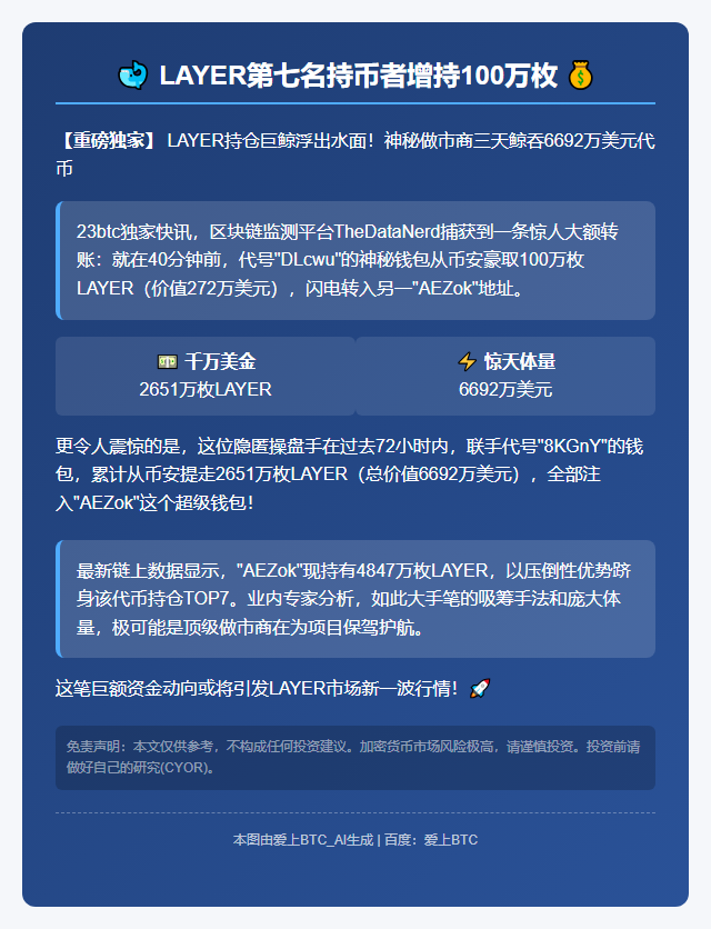 LAYER第七名持币者增持100万枚