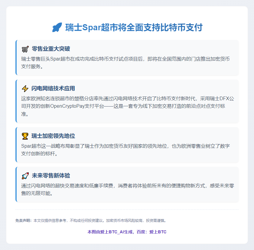 瑞士Spar超市将全面支持比特币支付