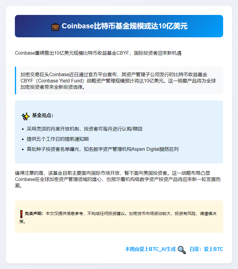 Coinbase比特币基金规模或达10亿美元