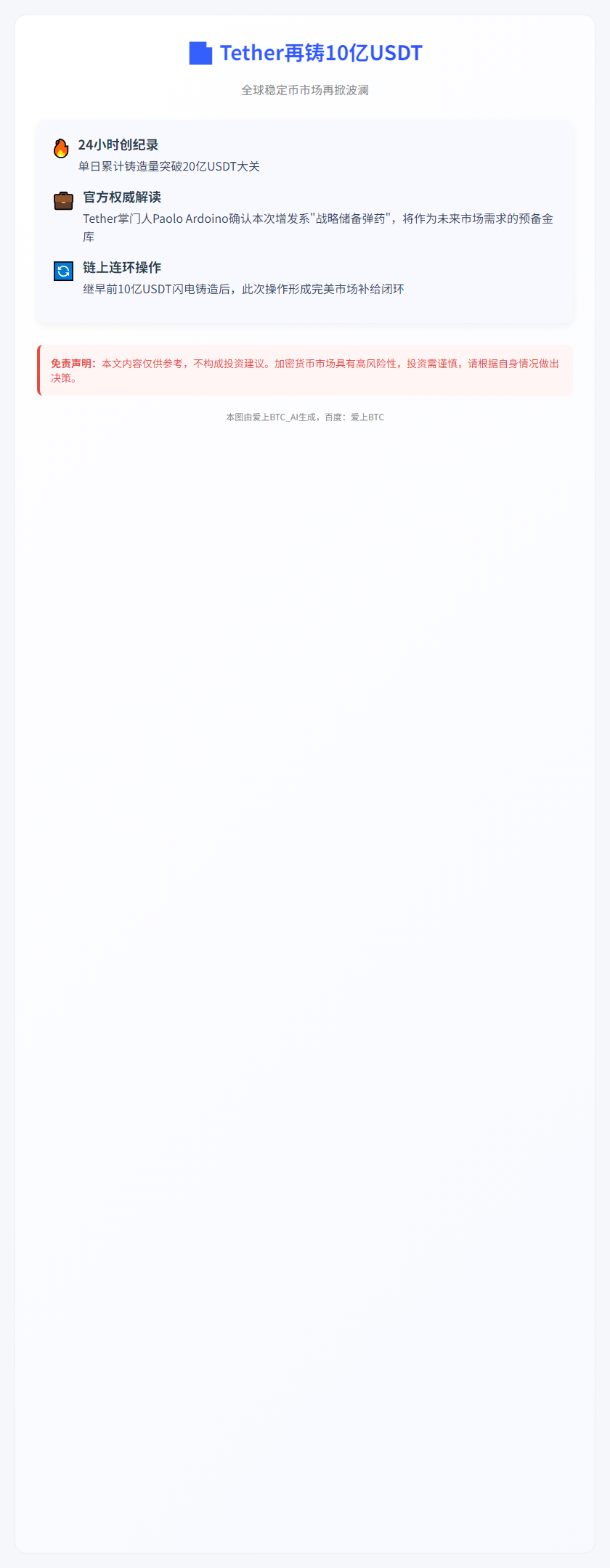 Tether再铸10亿USDT
