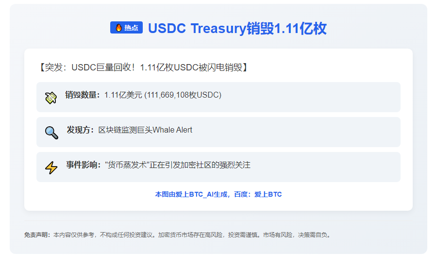 USDC Treasury销毁1.11亿枚
