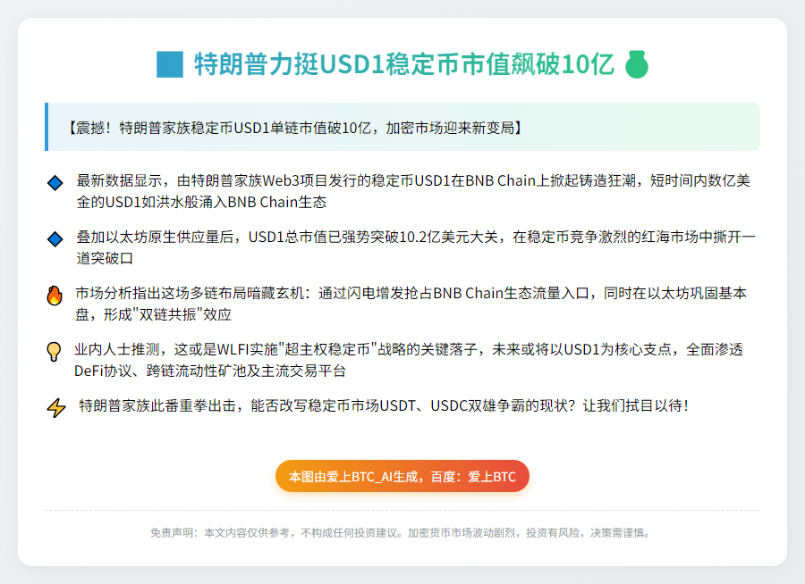 特朗普力挺USD1稳定币市值飙破10亿