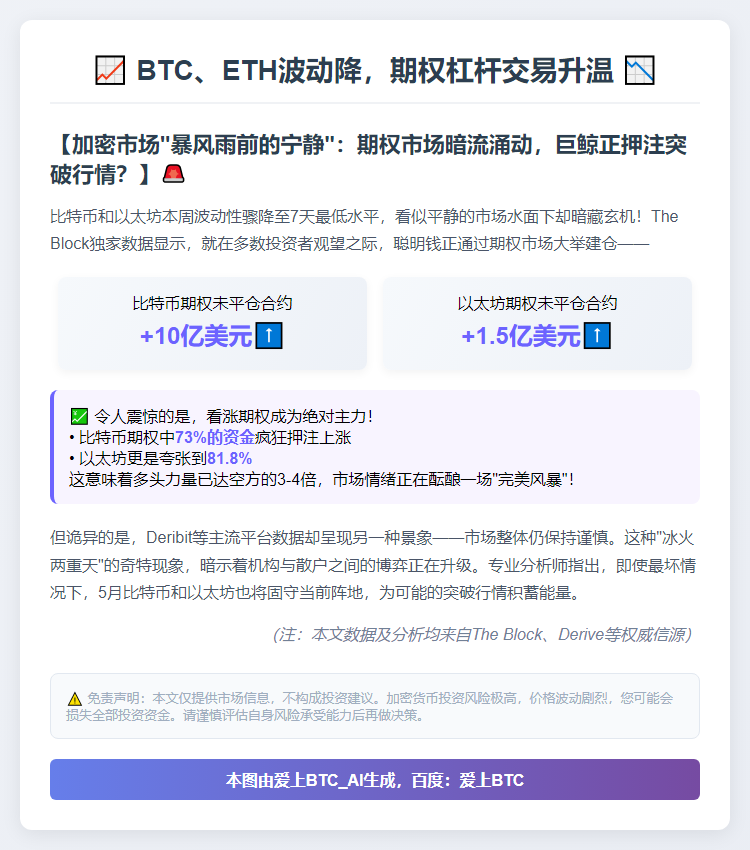 BTC、ETH波动降，期权杠杆交易升温