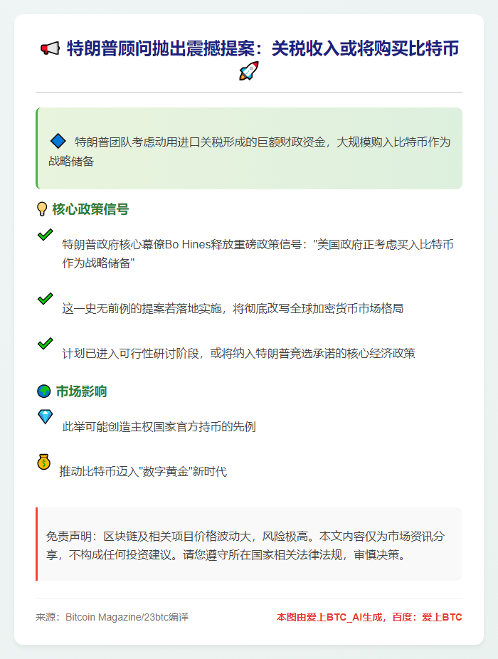 特朗普顾问：关税收入或购比特币