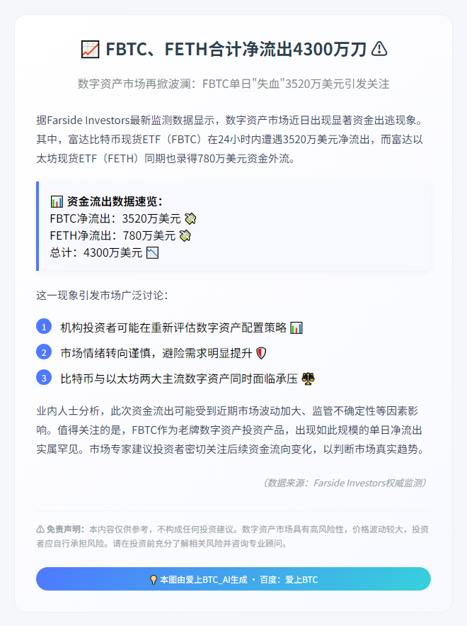 FBTC、FETH合计净流出4300万刀