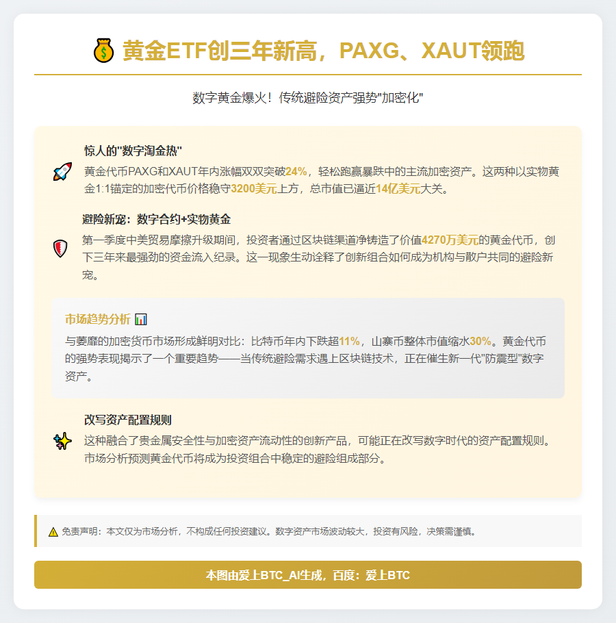 黄金ETF创三年新高，PAXG、XAUT领跑